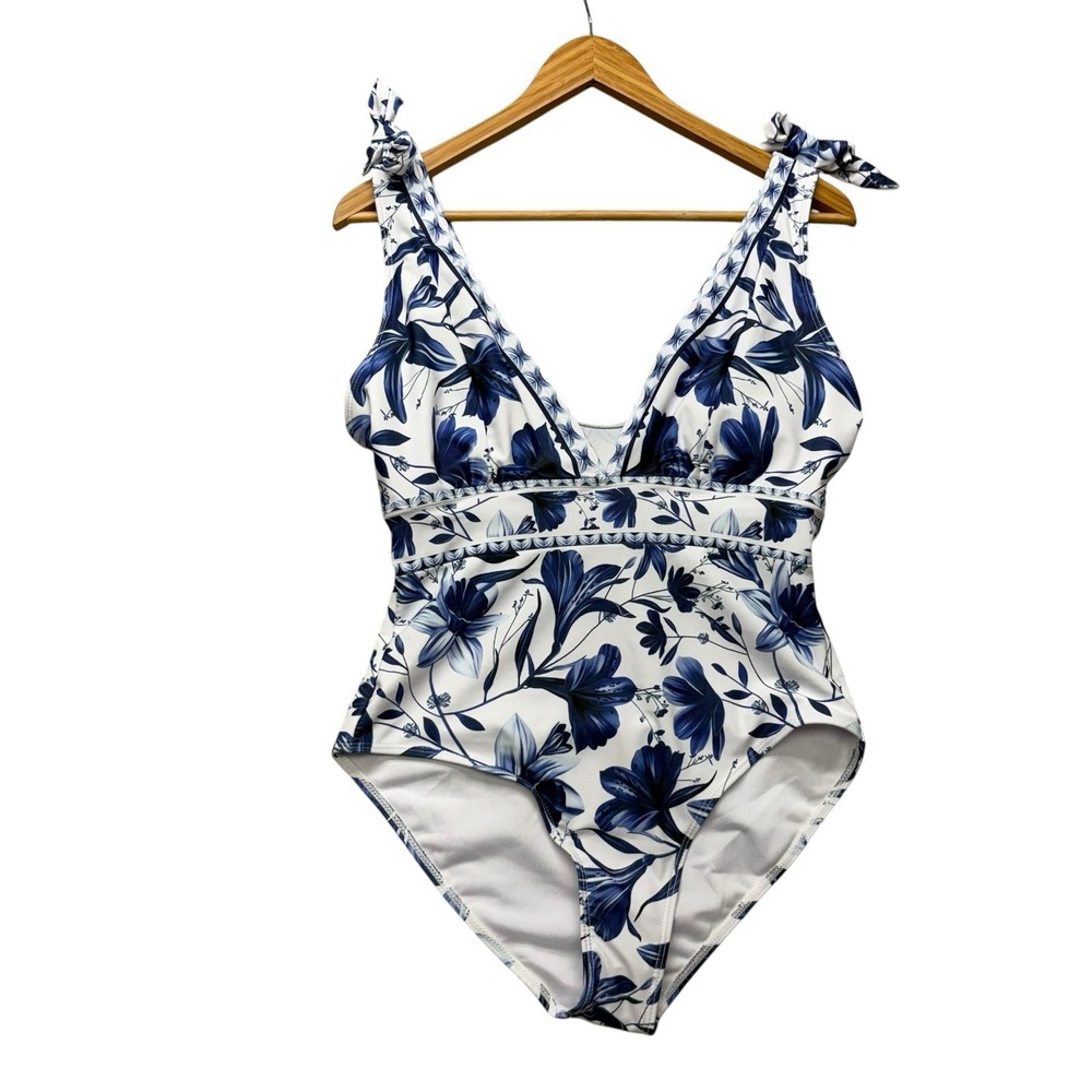 Womens Swimsuit Large Blue White Floral One Piece Swim Plunging Neckline